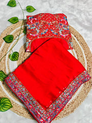 Vibrant Crimson Red Georgette Saree with Heavy Embroidered Designer Blouse & Sequin Border