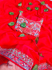 Vibrant Crimson Red Georgette Saree with Heavy Embroidered Designer Blouse & Sequin Border
