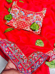Vibrant Crimson Red Georgette Saree with Heavy Embroidered Designer Blouse & Sequin Border