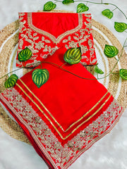 Elegant Crimson Red Georgette Saree with Heavy Zari Embroidery & Sequin Work Blouse Piece