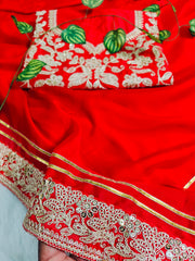 Elegant Crimson Red Georgette Saree with Heavy Zari Embroidery & Sequin Work Blouse Piece