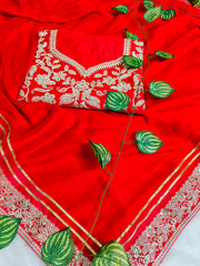 Elegant Crimson Red Georgette Saree with Heavy Zari Embroidery & Sequin Work Blouse Piece