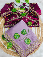 Wine Heavily Embroidered Blouse with Lavender Silk Saree Set – Royal Festive Wear