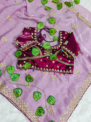 Wine Heavily Embroidered Blouse with Lavender Silk Saree Set – Royal Festive Wear