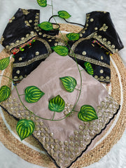 Cream Soft Silk Saree with Designer Heavily Embroidered Black Blouse