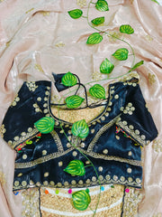 Cream Soft Silk Saree with Designer Heavily Embroidered Black Blouse