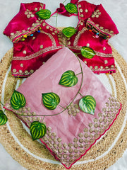 Pink Organza Saree with Heavy Rani Pink Embroidered Blouse | Handcrafted Sequin Work & Scalloped Borders