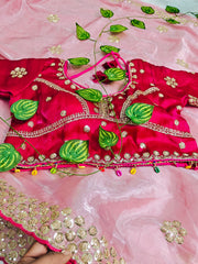 Pink Organza Saree with Heavy Rani Pink Embroidered Blouse | Handcrafted Sequin Work & Scalloped Borders