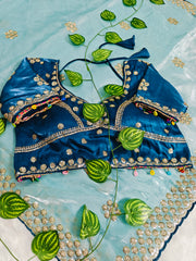 Designer Seafoam Saree with Teal Velvet Embroidered Blouse | Boho-Chic Cowrie Shell Detailing