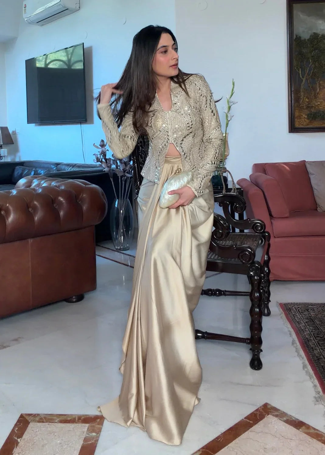 Designer Champagne Gold Pre-Stitched Drape Saree with Heavily Embellished Jacket