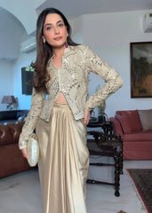 Designer Champagne Gold Pre-Stitched Drape Saree with Heavily Embellished Jacket