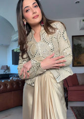 Designer Champagne Gold Pre-Stitched Drape Saree with Heavily Embellished Jacket