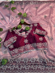 Lavender Color Saree & Wine Embroidered Blouse – Heavy Zari & Zarkhan Diamond