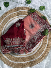 Orange Color Saree & Maroon Embroidered Blouse – Heavy Zari & Zarkhan Diamond