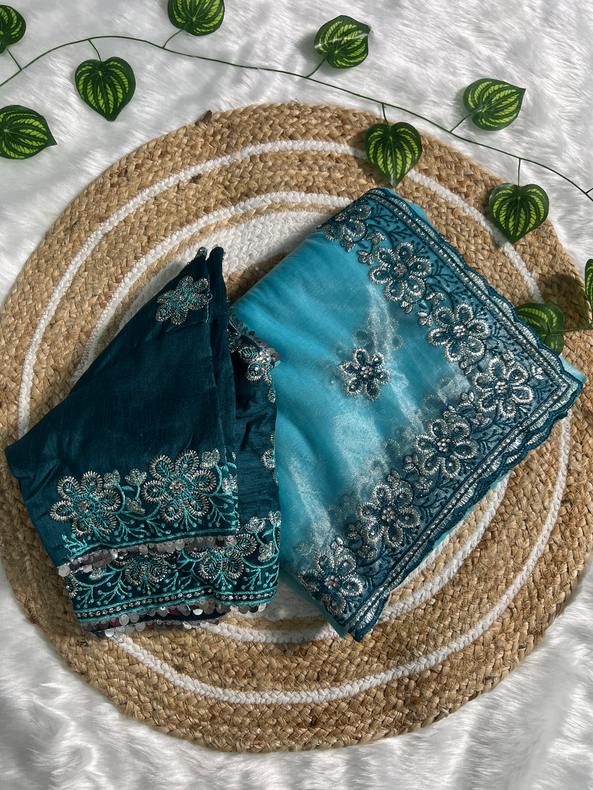 Sky Blue Saree & Dark Rama Embroidered Blouse – Heavy Zari & Zarkhan Diamond