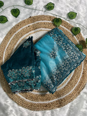 Sky Blue Saree & Dark Rama Embroidered Blouse – Heavy Zari & Zarkhan Diamond