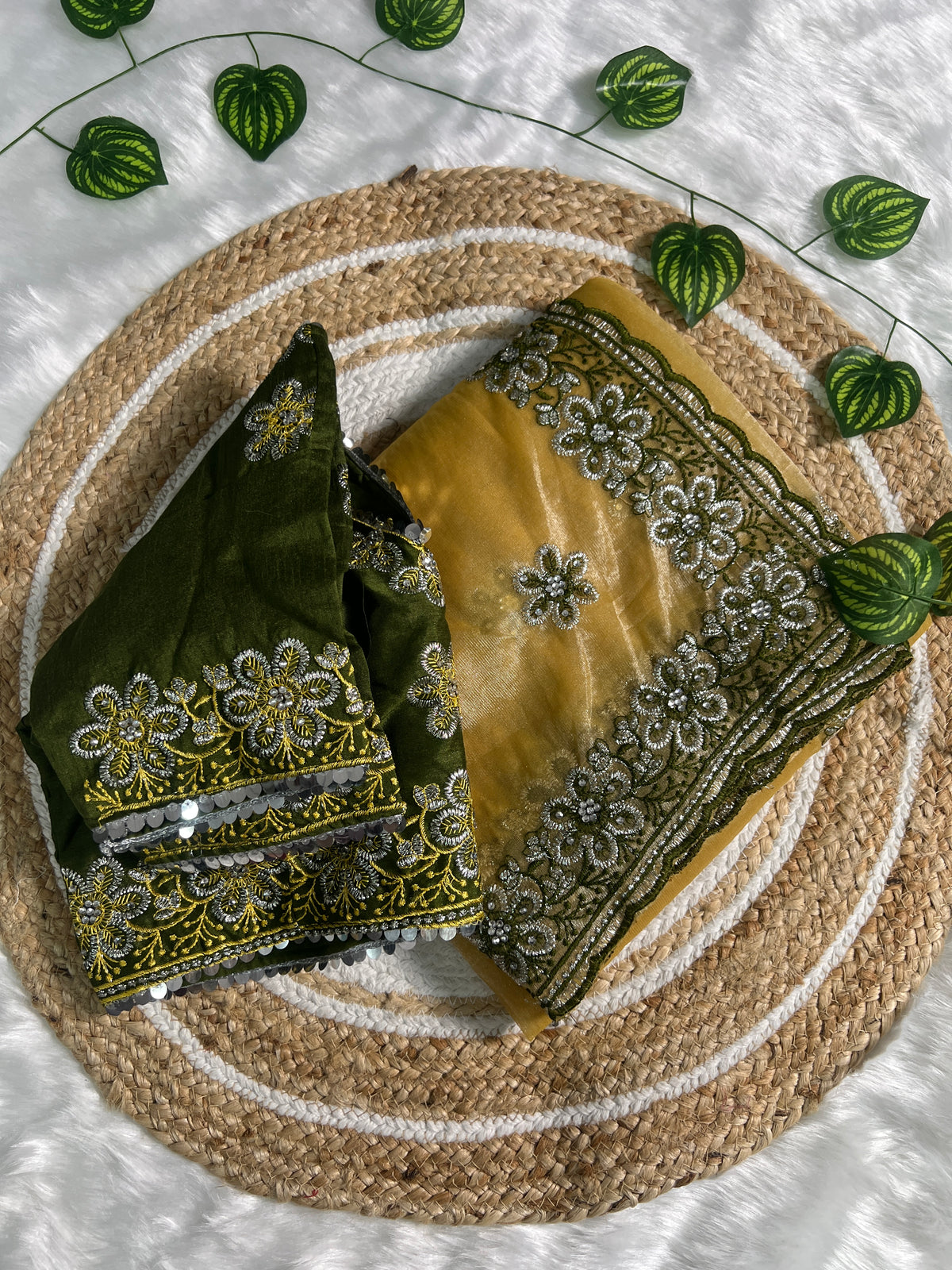 Mustard Yellow Saree & Embroidered Green Blouse – Heavy Zari & Zarkhan Diamond
