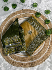 Mustard Yellow Saree & Embroidered Green Blouse – Heavy Zari & Zarkhan Diamond