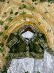 Mustard Yellow Saree & Embroidered Green Blouse – Heavy Zari & Zarkhan Diamond