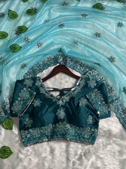 Sky Blue Saree & Dark Rama Embroidered Blouse – Heavy Zari & Zarkhan Diamond