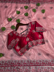 Pink Saree & Rani Embroidered Blouse – Heavy Zari & Zarkhan Diamond
