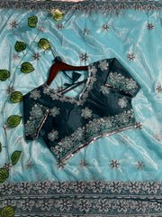 Sky Blue Saree & Dark Rama Embroidered Blouse – Heavy Zari & Zarkhan Diamond