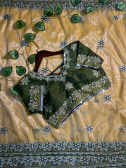 Mustard Yellow Saree & Embroidered Green Blouse – Heavy Zari & Zarkhan Diamond