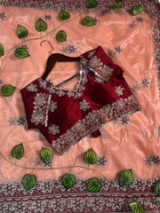 Orange Color Saree & Maroon Embroidered Blouse – Heavy Zari & Zarkhan Diamond