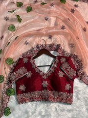 Orange Color Saree & Maroon Embroidered Blouse – Heavy Zari & Zarkhan Diamond