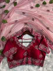Pink Saree & Rani Embroidered Blouse – Heavy Zari & Zarkhan Diamond