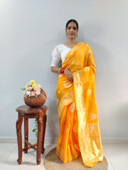 Elegant Mustard Yellow Banarasi Silk Saree with Gold Zari Weave & White Chikankari Style Puff-Sleeve Blouse