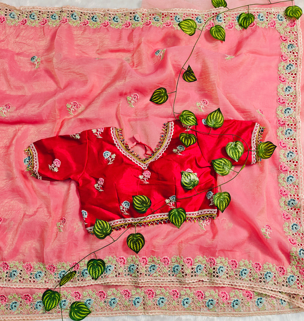 Pink Gold Crush Saree with Rani Color Embroidered Blouse | Hand-Crafted Floral Cutwork Border