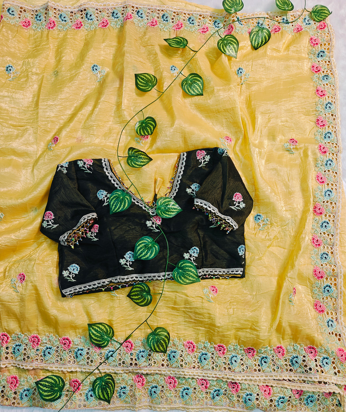 Yellow Gold Crush Saree with Mehndi Color Embroidered Blouse | Hand-Crafted Floral Cutwork Border