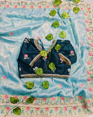 Sky Firoji Gold Crush Saree with Rama Blue Color Embroidered Blouse | Hand-Crafted Floral Cutwork Border