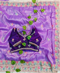Lavender Gold Crush Saree with Jambun Color Embroidered Blouse | Hand-Crafted Floral Cutwork Border