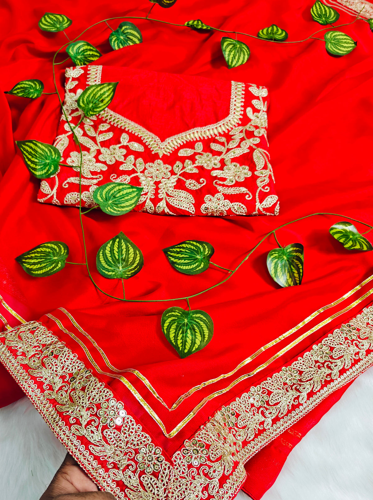 Elegant Crimson Red Georgette Saree with Heavy Zari Embroidery & Sequin Work Blouse Piece