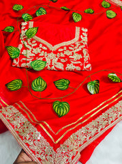 Elegant Crimson Red Georgette Saree with Heavy Zari Embroidery & Sequin Work Blouse Piece