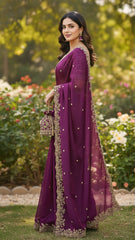 Wine Georgette Saree with Heavy Zari Embroidery & Includes Full Work Blouse