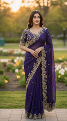 Royal Purple Georgette Saree with Heavy Zari Embroidery & Includes Full Work Blouse
