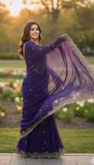 Royal Purple Georgette Saree with Heavy Zari Embroidery & Includes Full Work Blouse