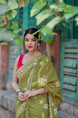 Green Mehndi  Warli Print Cotton Saree with Contrast Magenta Blouse