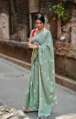 Pastel Green Floral Buta Saree in Soft Cotton - Heritage Collection