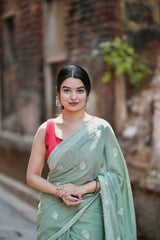 Pastel Green Floral Buta Saree in Soft Cotton - Heritage Collection