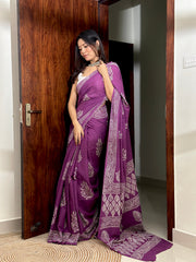 Elegant Plum Purple Hand-Block Printed Mul Cotton Saree with Classic White Sleeveless Blouse – Traditional Ethnic Wear
