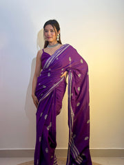 Royal Purple Cotton-Silk Saree with Silver Leaf Block Prints & Spaghetti Strap Blouse – Elegant Ethnic Evening Wear