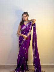 Royal Purple Cotton-Silk Saree with Silver Leaf Block Prints & Spaghetti Strap Blouse – Elegant Ethnic Evening Wear