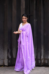 Elegant Lavender Mulmul Cotton Saree with Hand-Block Floral Prints & White Sleeveless Blouse
