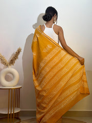 Yellow Cotton Hand-Block Print Saree with Floral White Accents