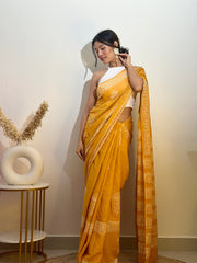 Yellow Cotton Hand-Block Print Saree with Floral White Accents