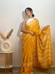 Yellow Cotton Hand-Block Print Saree with Floral White Accents